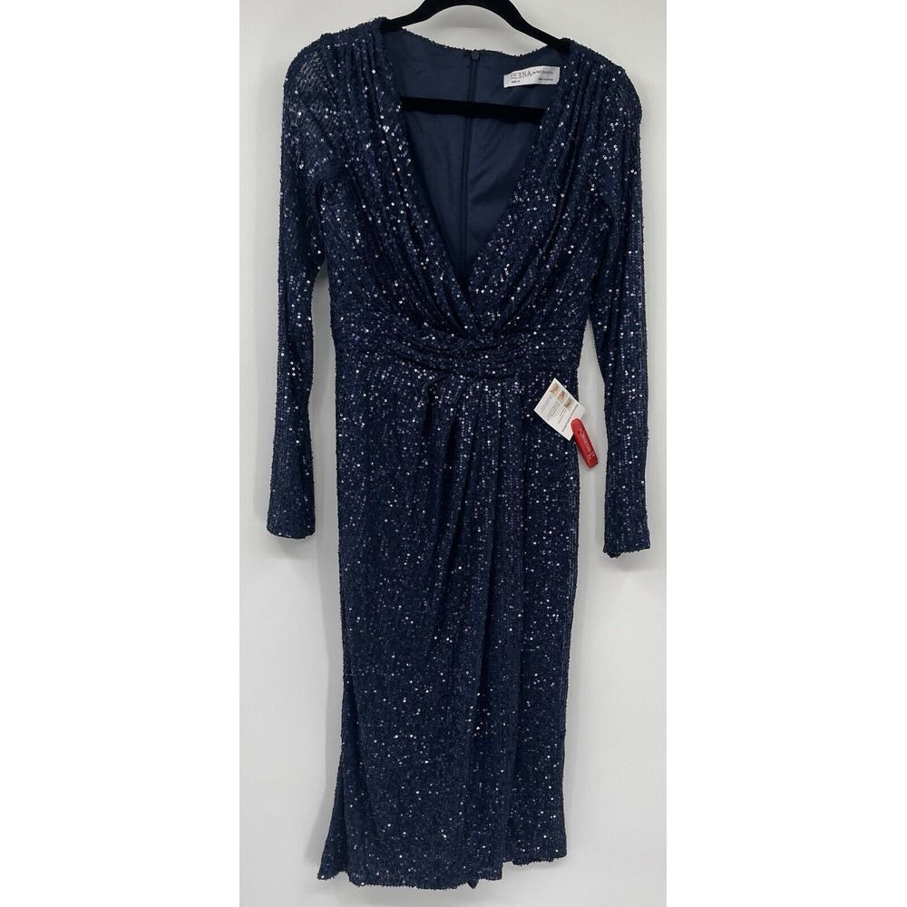 MAC DUGGAL 26555‎ SEQUINED LONG SLEEVE MIDNIGHT MIDI DRESS SZ 6